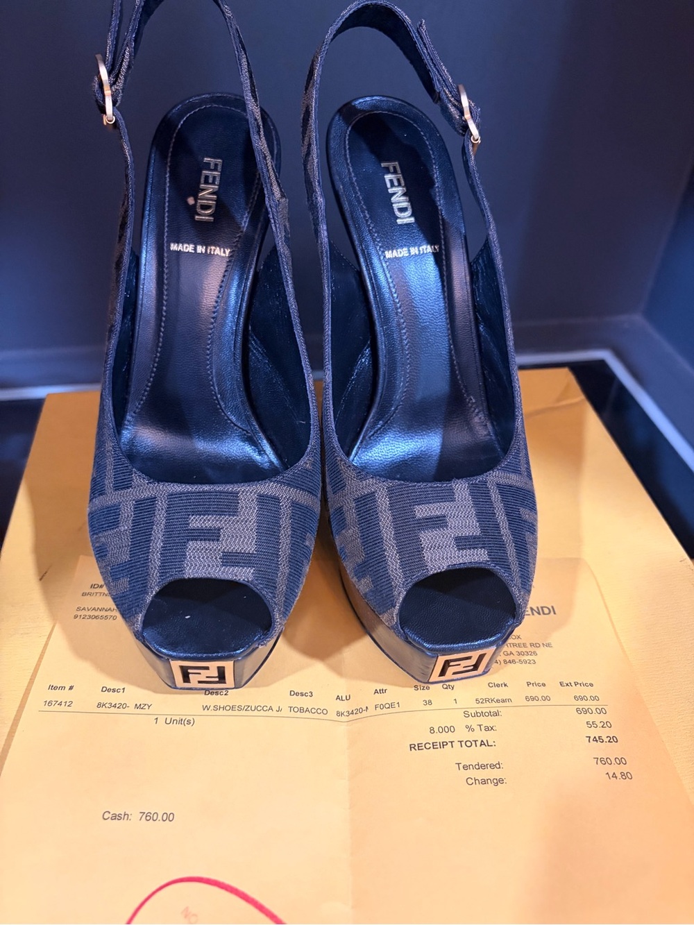 Fendi Navy FF Logo Peep-Toe Slingback Heels